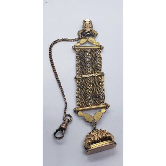Antique Mesh WATCH FOB 1903 Art Nouveau 12 Kt Gold Plated & Wax Seal Engraveable main image 7